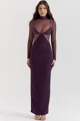 Figurbetontes Maxikleid mit Stehkragen und langen Ärmeln und transparentem Netzeinsatz - Fuchsia